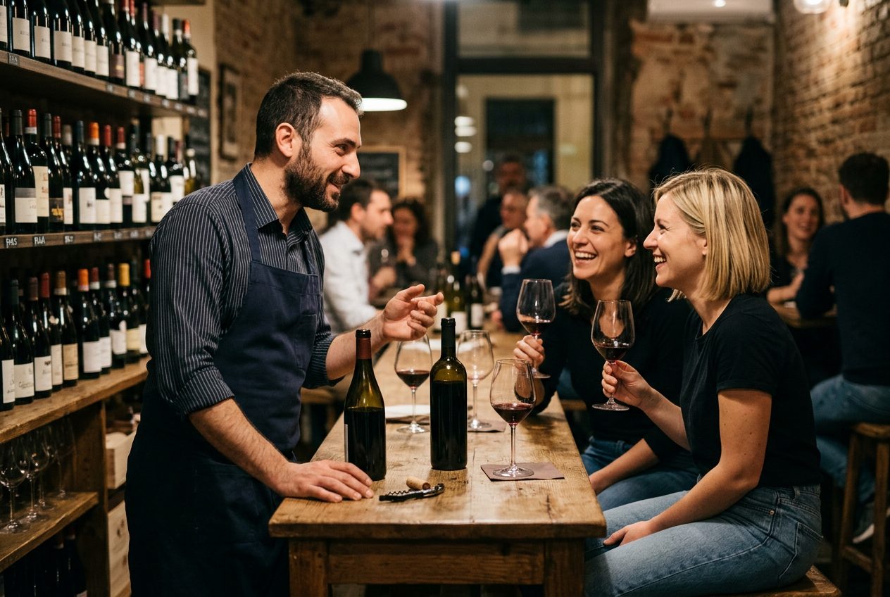 Un hôte discutant avec deux invités au comptoir d'un bar à vin