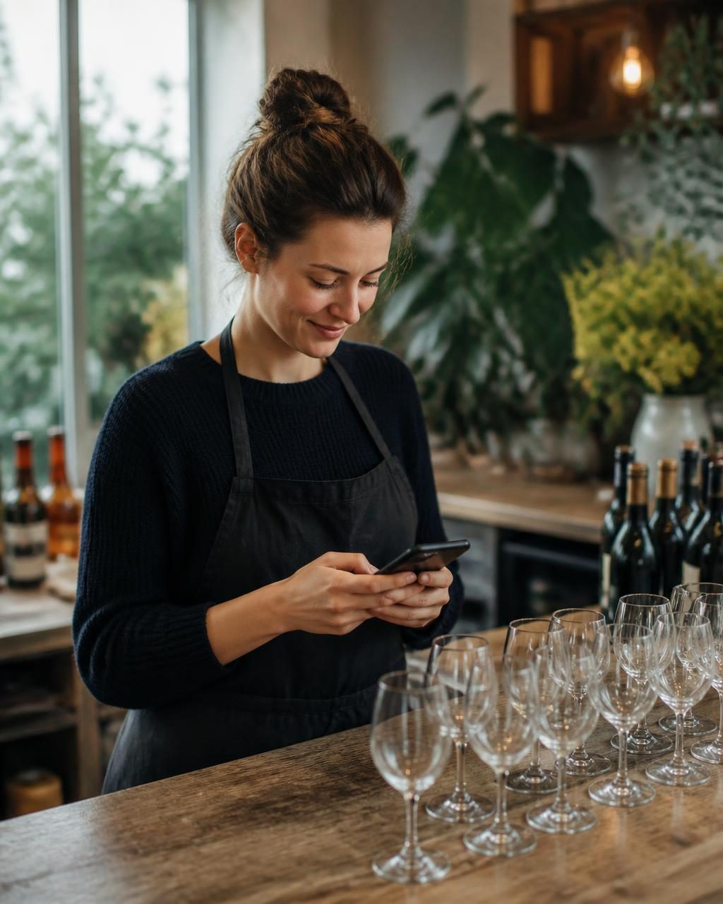 Un hôte de salle de dégustation consultant son téléphone à côté d'une rangée de verres préparés